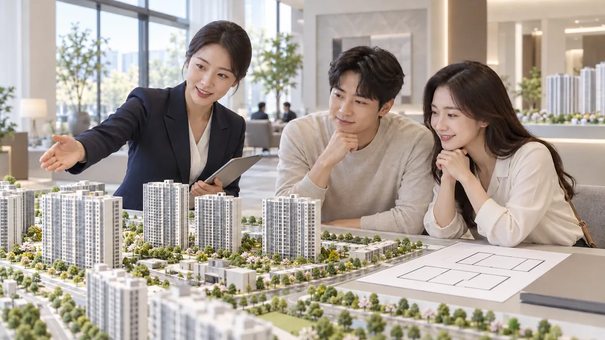 견본주택 상담 공간에서 상담사가 단지 모형을 가리키며 방문객 부부에게 설명하는 장면의 기획 이미지