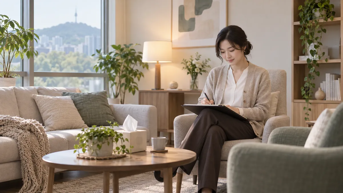 차분한 정신건강의학과 상담실에서 의사가 상담 준비를 하는 장면의 기획 이미지