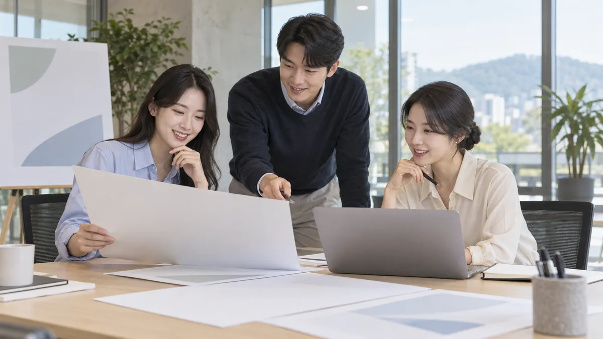공공기관 회의실에서 직원들이 홍보물 시안과 노트북을 함께 검토하는 장면의 기획 이미지