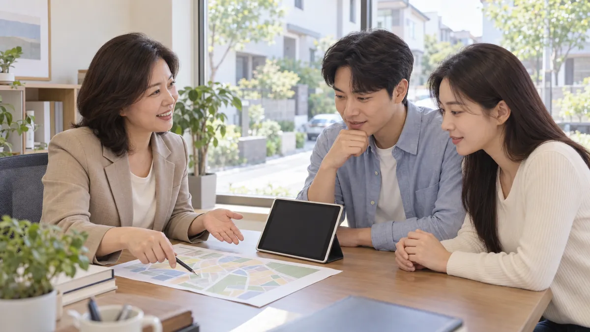 부동산 중개사무소에서 중개사가 동네 지도와 태블릿으로 손님 부부에게 매물 위치를 설명하는 기획 이미지
