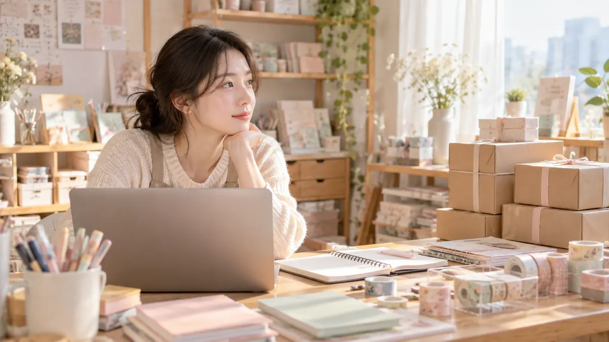 온라인 문구점 운영자가 작업실 책상에서 노트북으로 방문 기록을 살피며 포장한 상품 상자를 옆에 쌓아 둔 기획 이미지