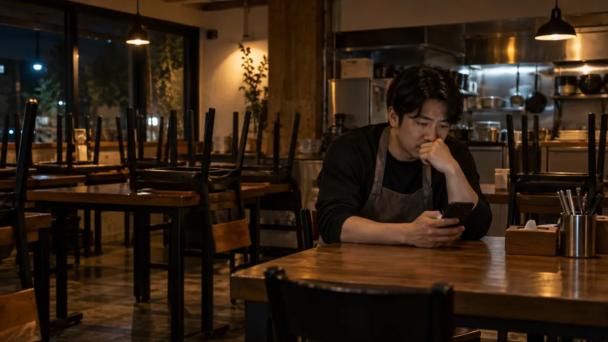 식당 사장님이 영업이 끝난 매장 테이블에 앉아 휴대폰으로 손님 리뷰를 읽으며 답글을 고민하는 기획 이미지