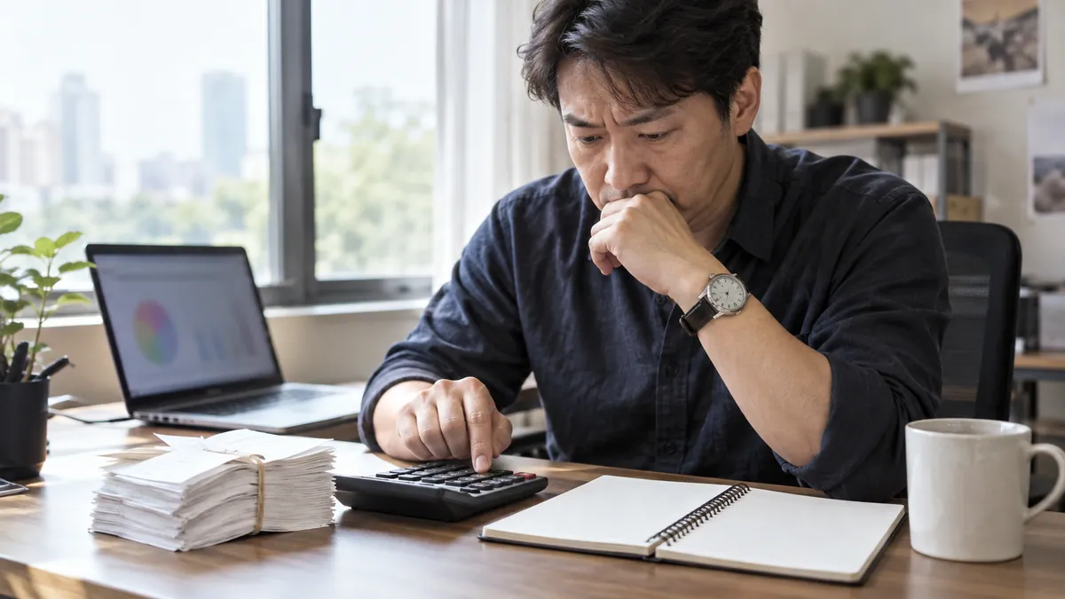 사무실 책상에서 사장님이 광고비 영수증과 매출 장부를 나란히 놓고 계산하는 기획 이미지