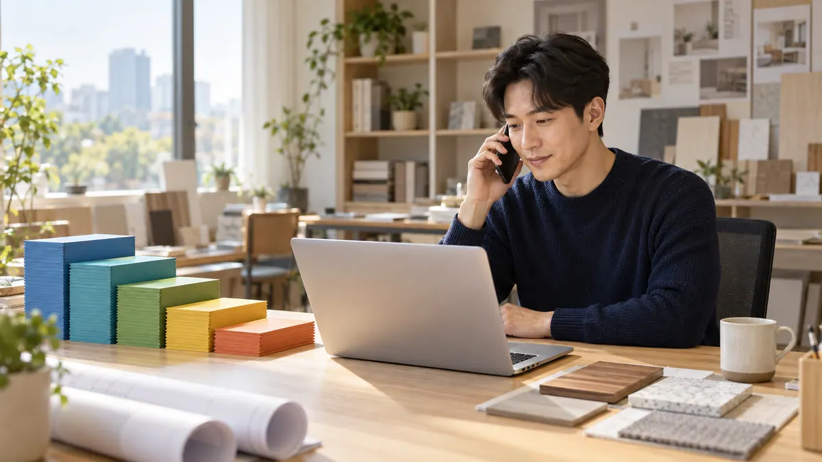 인테리어 사무실 책상에서 담당자가 노트북 옆에 색깔 서류철을 단계별로 쌓아 두고 전화 통화를 하는 기획 이미지