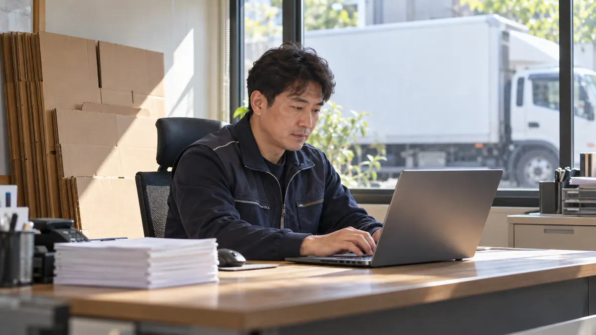 동네 이삿짐 업체 실장이 사무실에서 노트북으로 광고 문구를 고치며 옆에 견적 문의 메모를 쌓아 둔 기획 이미지