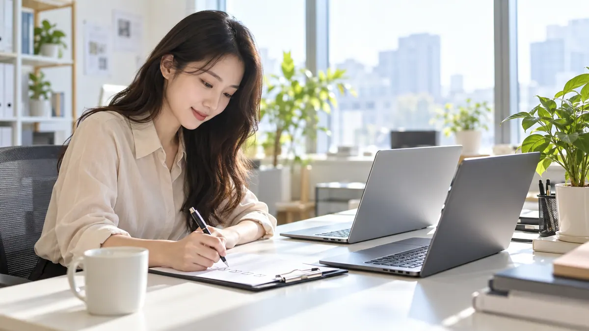 작은 회사 마케팅 담당자가 사무실 책상에서 노트북 두 대를 나란히 켜 두고 홈페이지 점검표에 체크 표시를 하는 기획 이미지