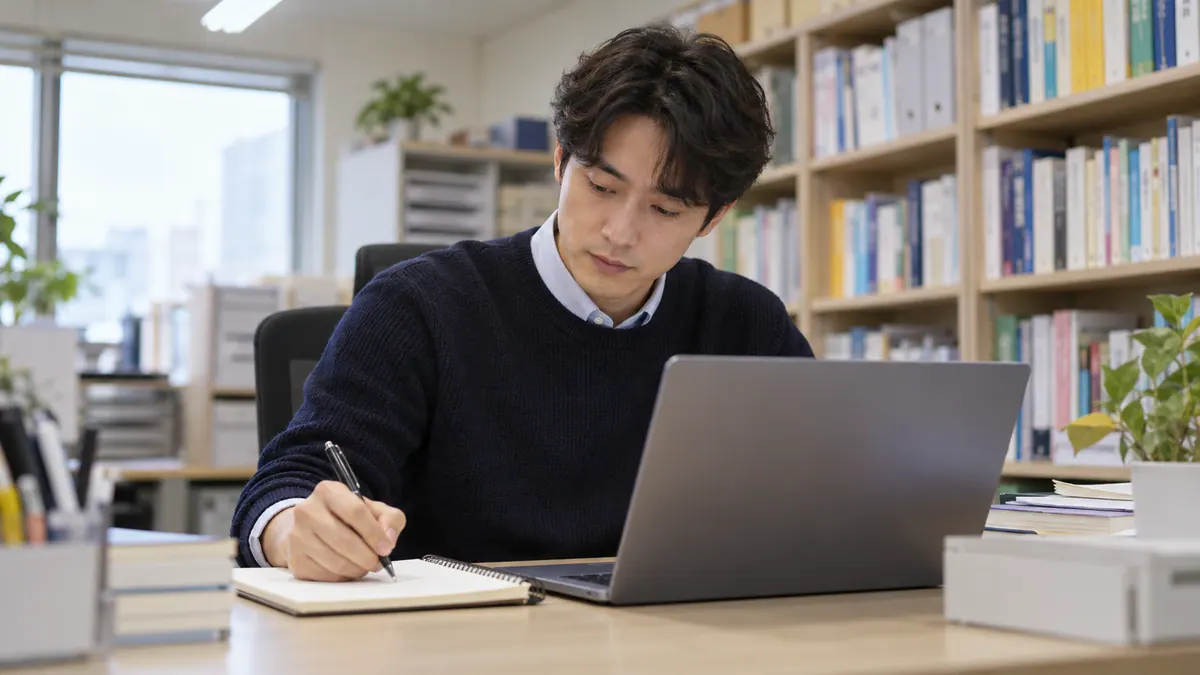 작은 학원 운영 담당자가 교무실 책상에서 노트북을 열고 옆 수첩에 홈페이지 주소 목록을 적어 확인하는 기획 이미지