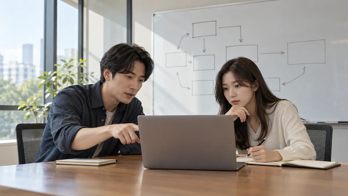 온라인 쇼핑몰 담당자 두 명이 회의실 화이트보드 앞에서 노트북을 가운데 두고 홈페이지 개선 순서를 의논하는 기획 이미지