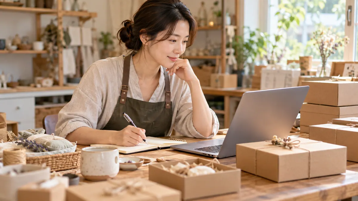 작은 공방 작업대에서 사장님이 포장 상자 옆 노트북으로 온라인 판매 구성을 정리하는 기획 이미지