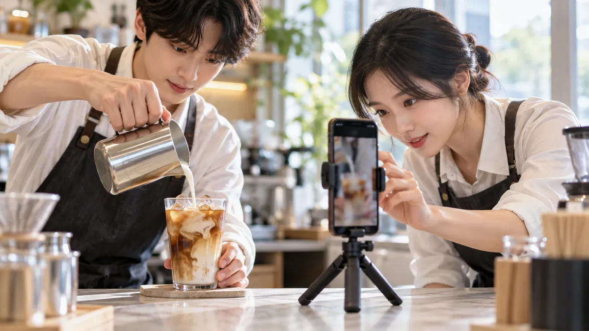 카페 직원이 세로로 세운 스마트폰으로 음료 만드는 손을 짧게 촬영하는 기획 이미지