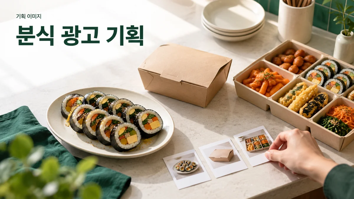 분식 매장의 식사와 포장 및 단체 주문 구성을 비교하는 기획 이미지