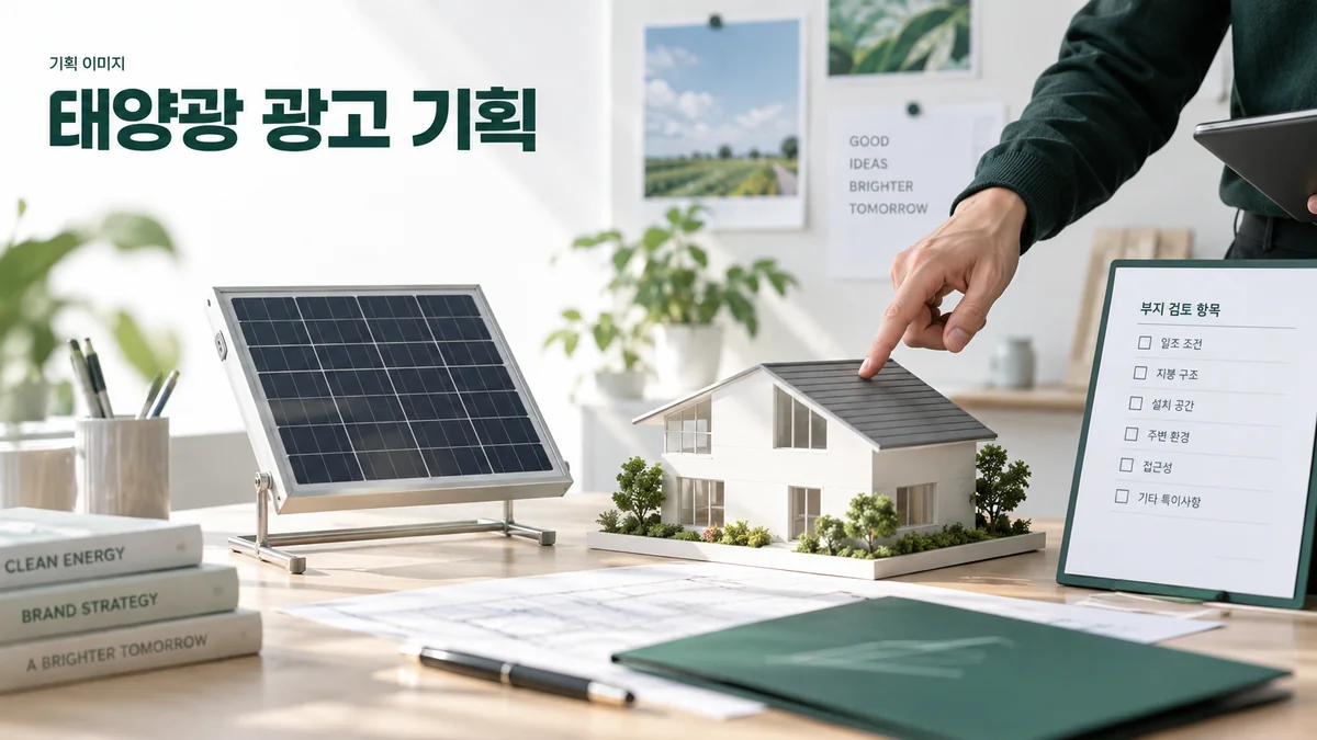 태양광 설비의 제품 정보와 설치 조건 검토 자료를 구분하는 기획 이미지