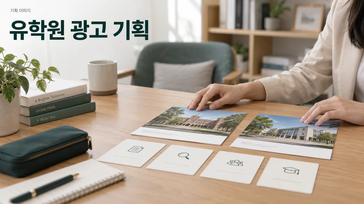 교육기관 사진 자료와 준비 일정 카드를 펼쳐 놓고 유학 상담을 준비하는 기획 이미지입니다.