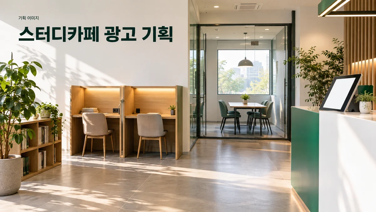조용한 좌석과 분리된 스터디룸 이용 공간을 보여주는 스터디카페 기획 이미지입니다.