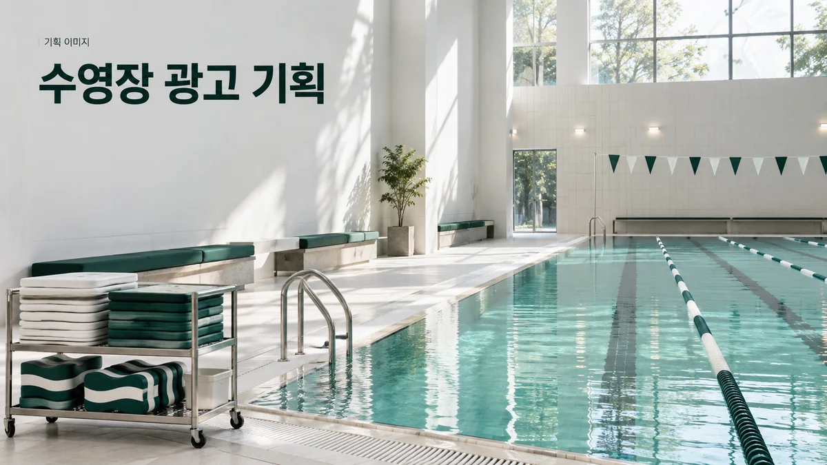 빈 수영장 레인과 강습 준비 도구를 함께 보여주는 수영장 기획 이미지입니다.