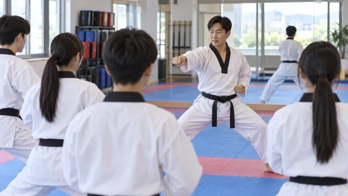태권도장에서 사범이 수련생들 앞에서 기본 자세를 시범하는 장면의 기획 이미지