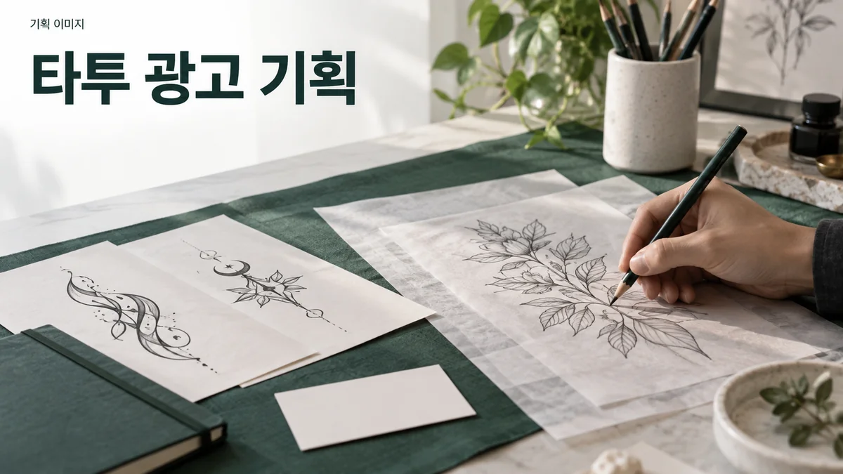 종이 위 디자인 시안과 상담용 자료를 정리하는 타투 디자인 기획 이미지입니다.