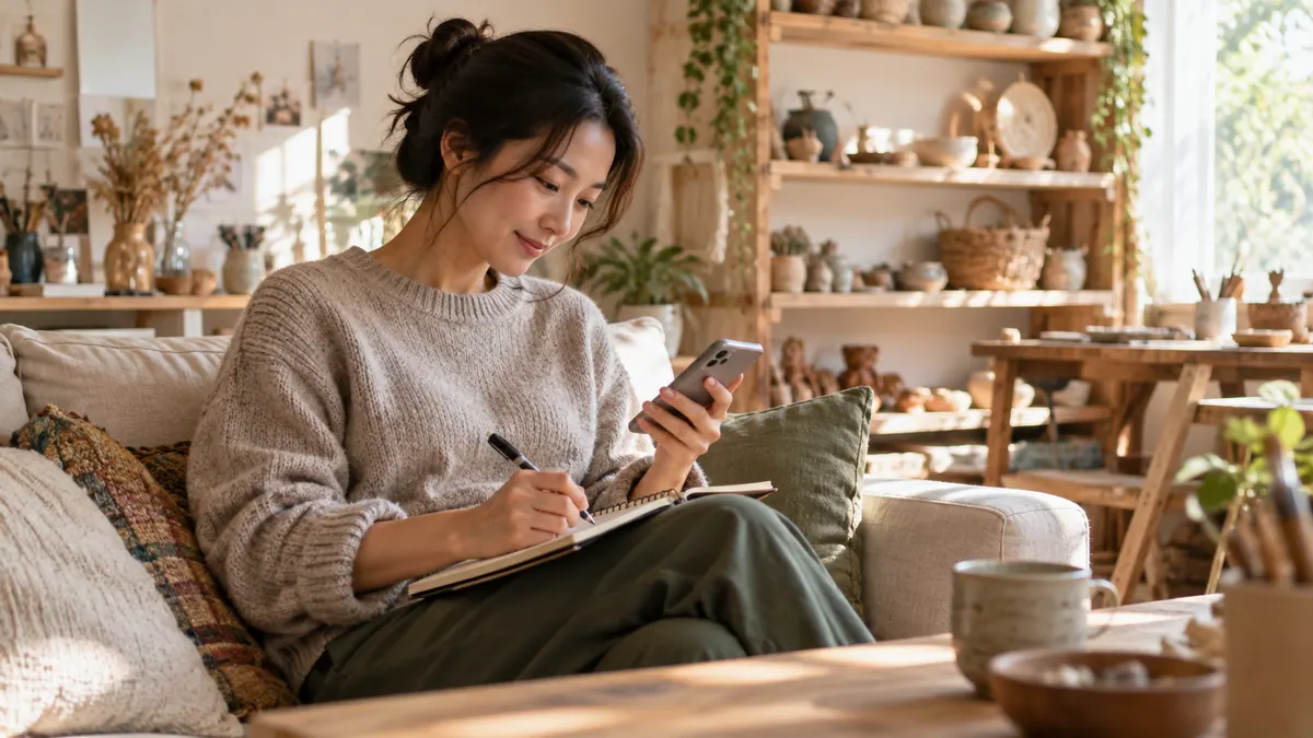 작업실 소파에 앉은 1인 사업자가 휴대폰으로 짧은 글을 쓰며 무릎 위 노트에 다음 글감을 적는 기획 이미지