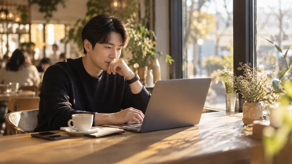 카페 창가 자리에서 운영자가 노트북으로 홈페이지 방문 흐름을 살펴보는 기획 이미지