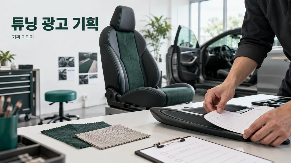 차량 부품과 적용 조건을 상담용으로 살펴보는 튜닝 기획 이미지입니다.