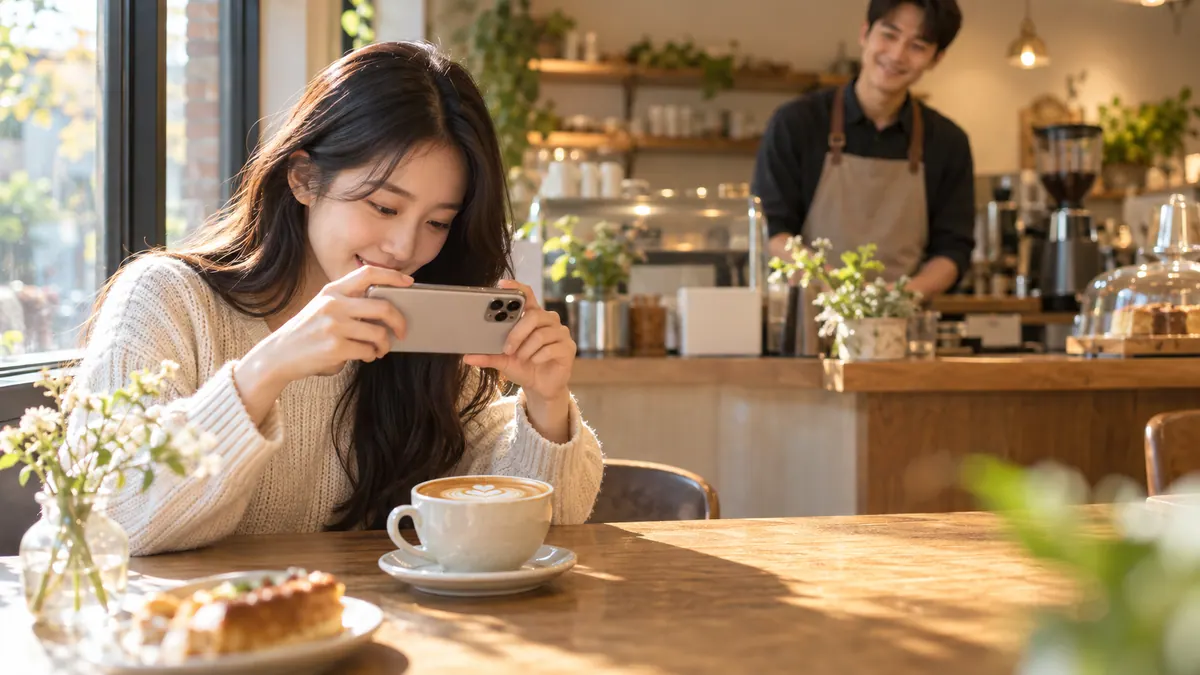 카페 창가 자리에서 손님이 음료 사진을 스마트폰으로 찍고 사장님이 카운터에서 지켜보는 기획 이미지