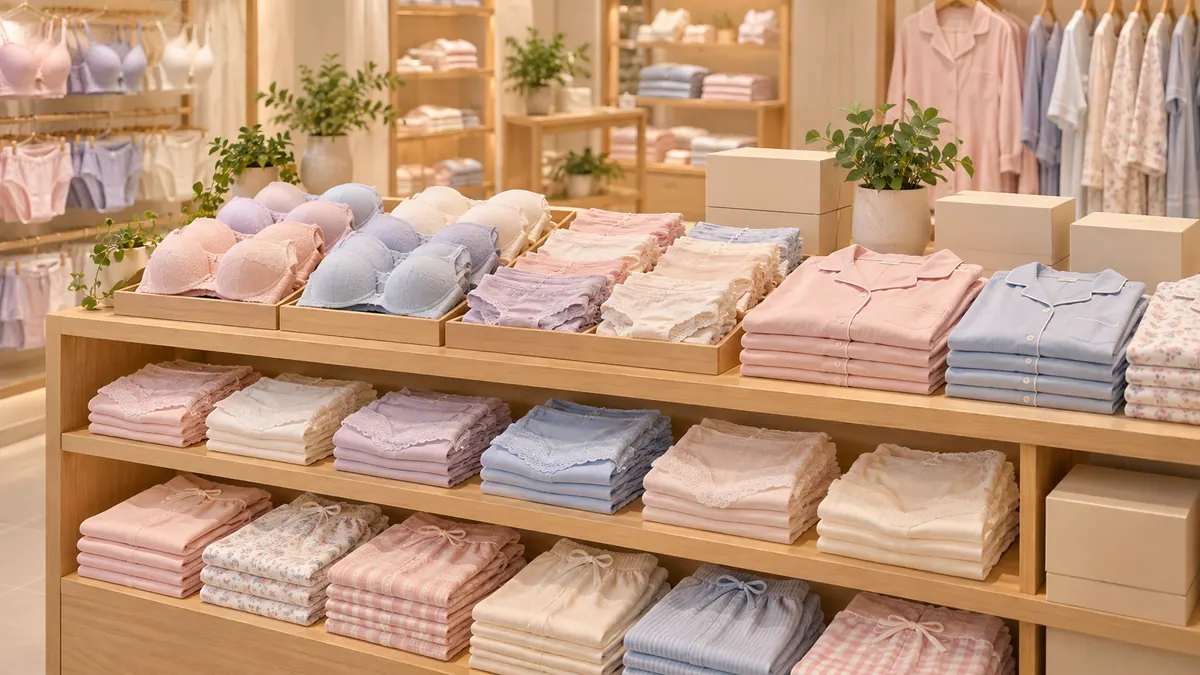 밝은 속옷 매장 진열대에 접힌 면 속옷과 잠옷이 색깔별로 가지런히 정리된 기획 이미지