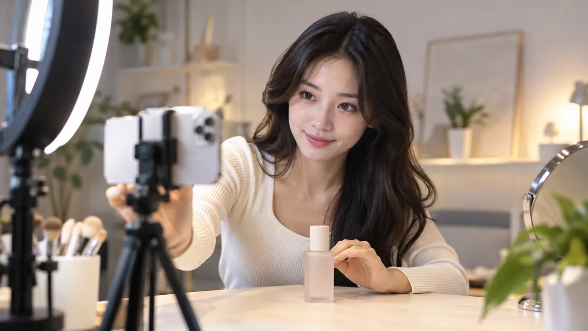 작은 촬영 공간에서 크리에이터가 상품을 앞에 두고 스마트폰 촬영을 준비하는 기획 이미지