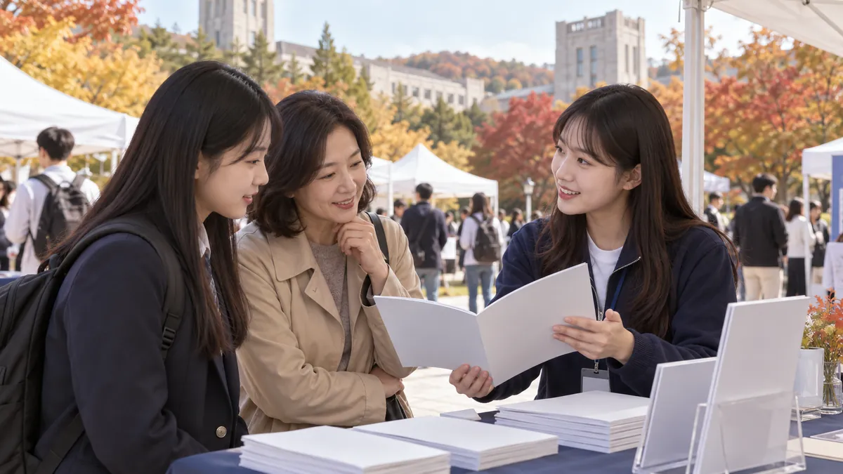 대학 입학설명회 부스에서 재학생 안내자가 예비 신입생과 보호자에게 설명하는 기획 이미지