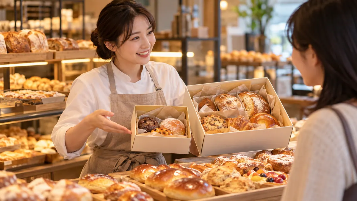 동네 빵집 진열대 앞에서 직원이 손님에게 선물 상자 구성을 보여 주며 안내하는 기획 이미지