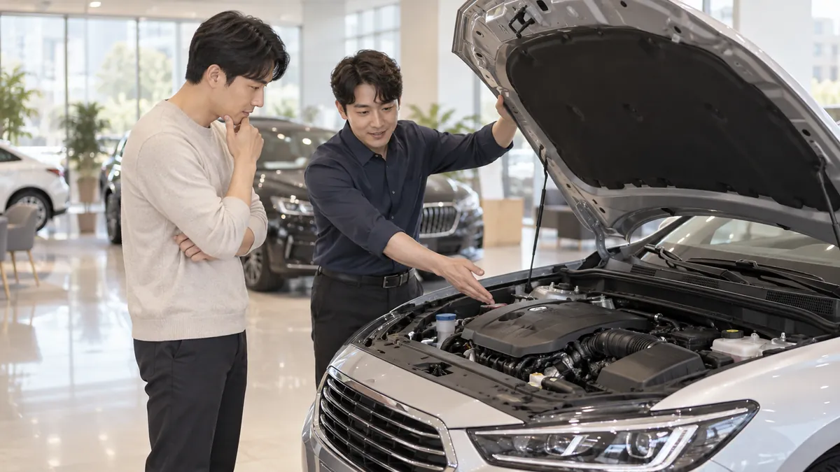 중고차 전시장에서 딜러가 고객에게 차량 엔진룸을 보여 주며 설명하는 기획 이미지