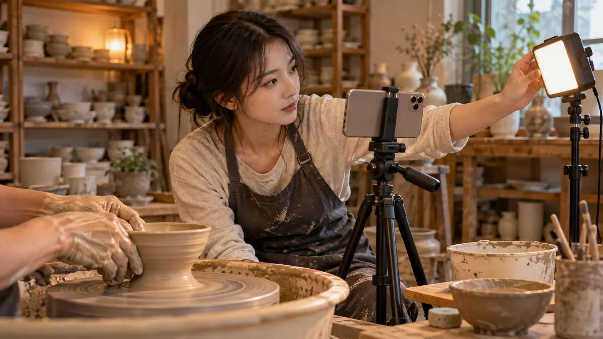 작은 도자기 공방에서 직원이 삼각대에 휴대폰을 세우고 물레 작업 장면을 촬영하며 조명 위치를 맞추는 기획 이미지