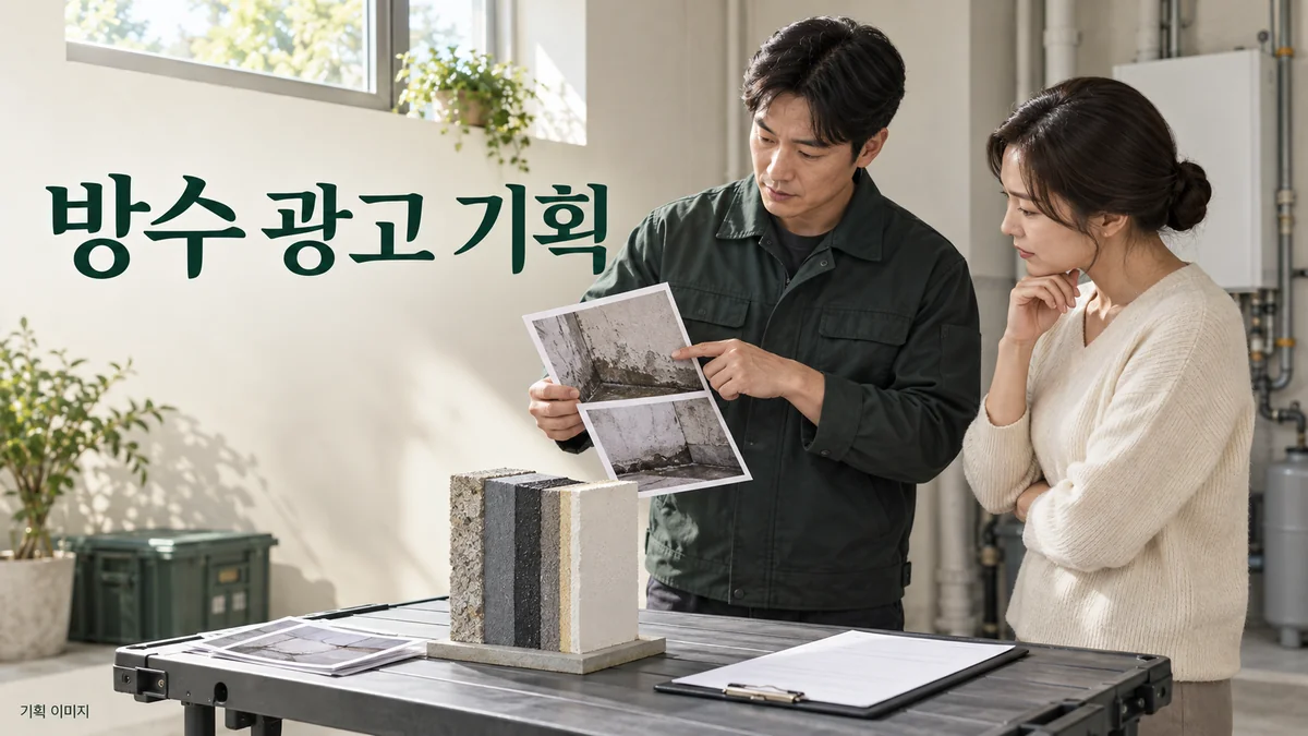 누수 위치 사진과 벽체 샘플로 방수 상담 자료를 정리하는 기획 장면