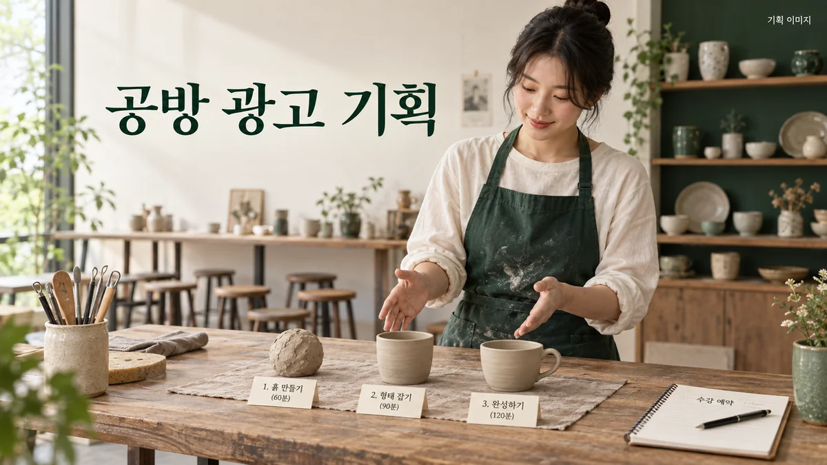 수업 과정과 완성 예시로 공방 예약 안내를 구성하는 기획 장면