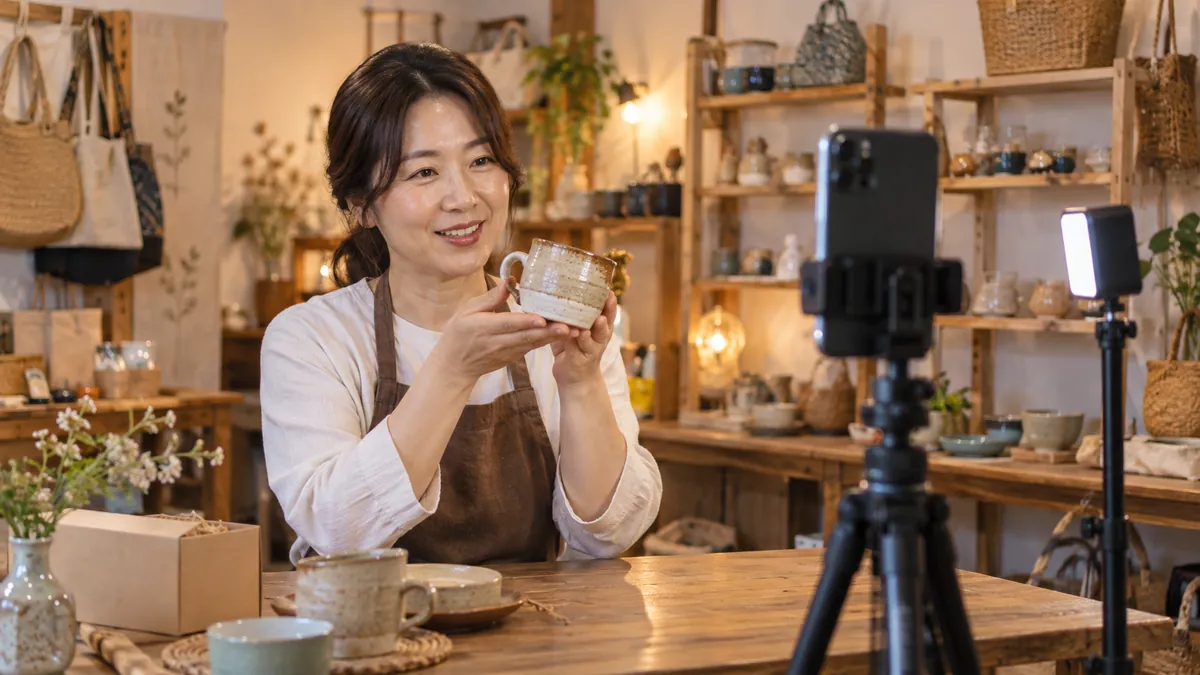 작은 매장 한쪽에서 사장님이 삼각대에 휴대폰을 세우고 첫 영상을 찍는 기획 이미지