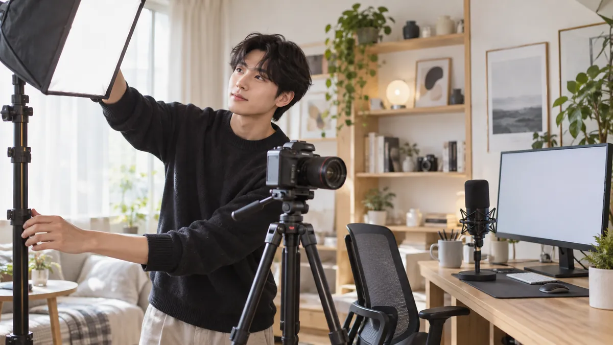 홈 스튜디오에서 크리에이터가 조명과 카메라를 맞추며 촬영을 준비하는 기획 이미지