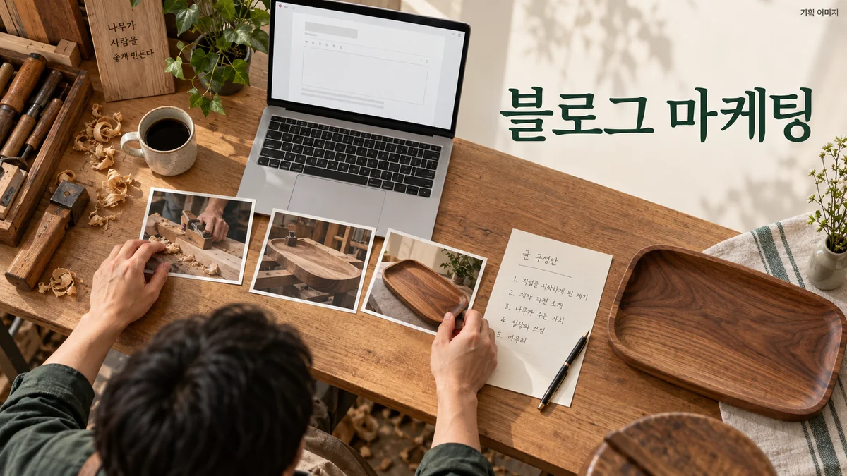 원본 과정 사진과 글의 순서를 정리하는 블로그 마케팅 기획 장면