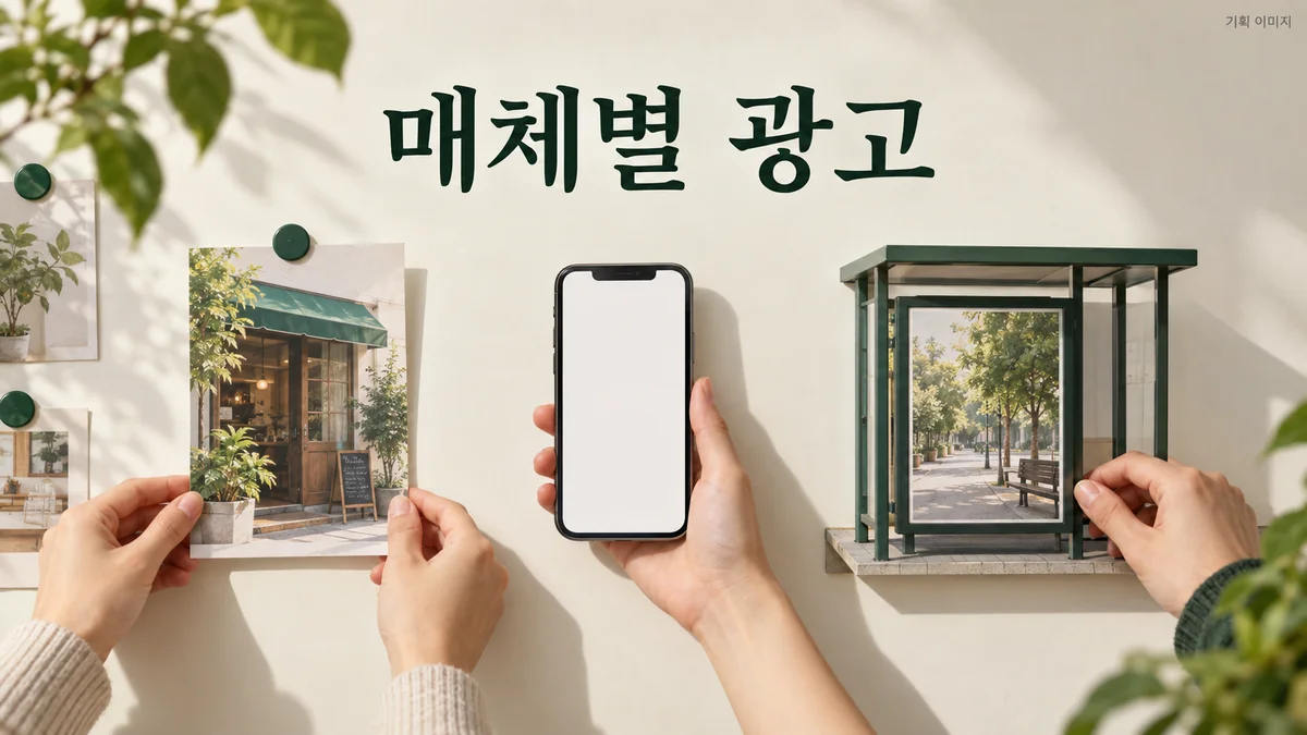 광고가 보이는 환경과 소재 형식을 비교하는 매체 운영 기획 장면