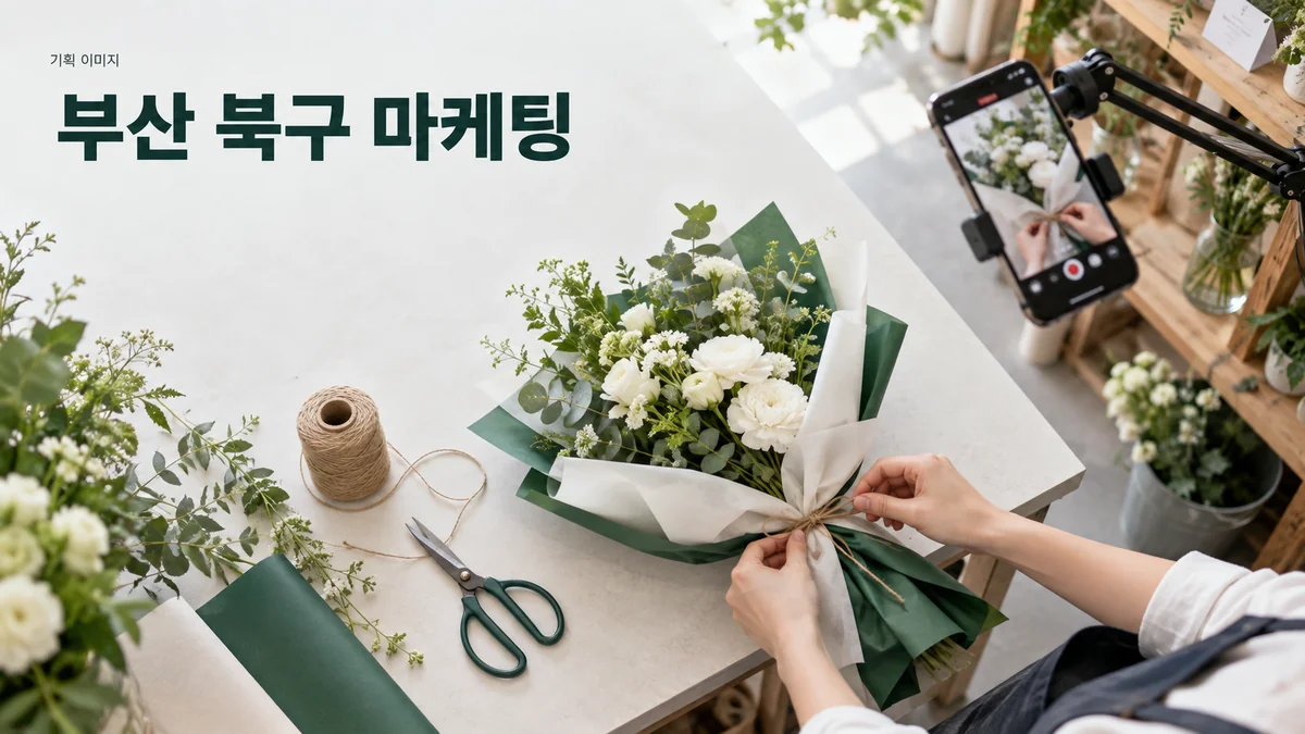 동네 매장의 SNS 콘텐츠를 위해 꽃다발 포장 과정을 촬영하는 기획 이미지