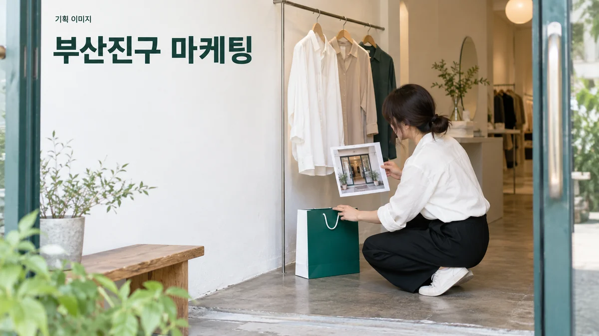 의류 매장에서 방문 안내용 사진과 쇼핑백을 준비하는 기획 이미지