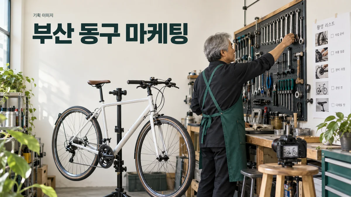 자전거 수리점에서 작업 도구와 서비스 안내 사진을 준비하는 기획 이미지
