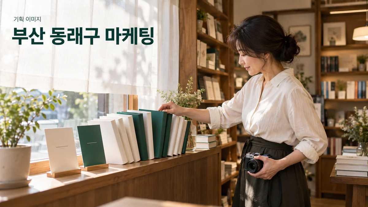 서점 운영자가 SNS에 소개할 책 진열과 안내 카드를 구성하는 기획 이미지