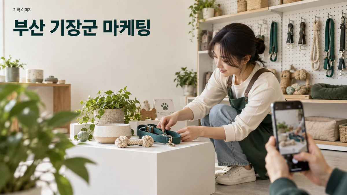 반려동물용품 매장에서 SNS에 사용할 상품 묶음을 촬영하는 기획 이미지