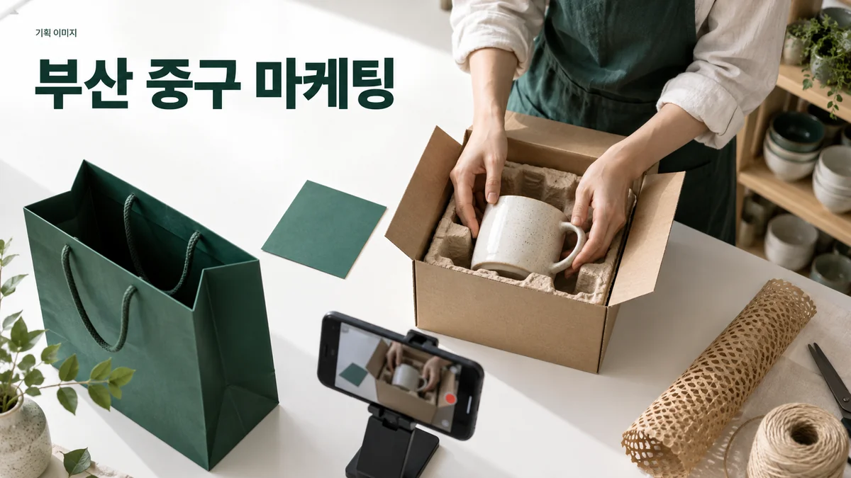 생활용품 매장 운영자가 온라인 안내와 함께 사용할 포장 구성을 준비하는 기획 이미지