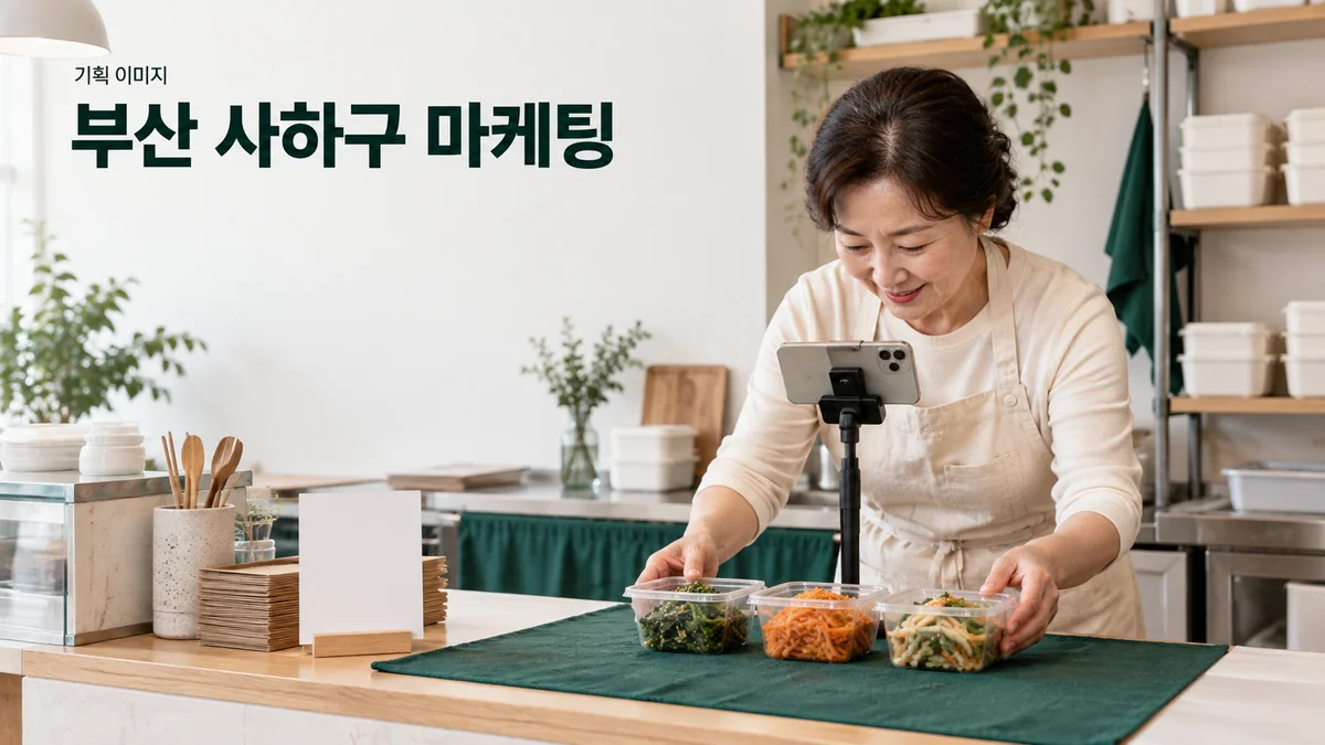 반찬 매장에서 온라인 소개용 포장과 상품 구성을 촬영하는 기획 이미지