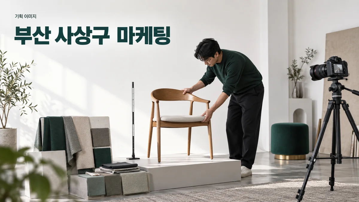 가구 매장에서 의자의 소재와 크기를 보여줄 사진을 준비하는 기획 이미지