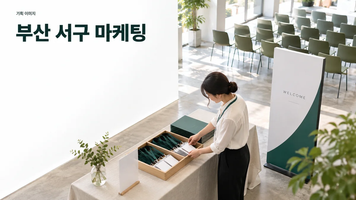 소규모 브랜드 행사에서 참여 안내 자료와 명찰을 준비하는 기획 이미지