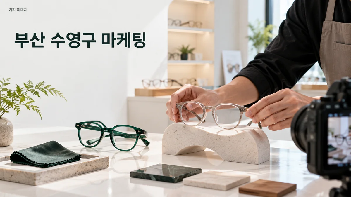 안경 매장에서 제품 소개용 안경과 소재 샘플을 촬영하는 기획 이미지