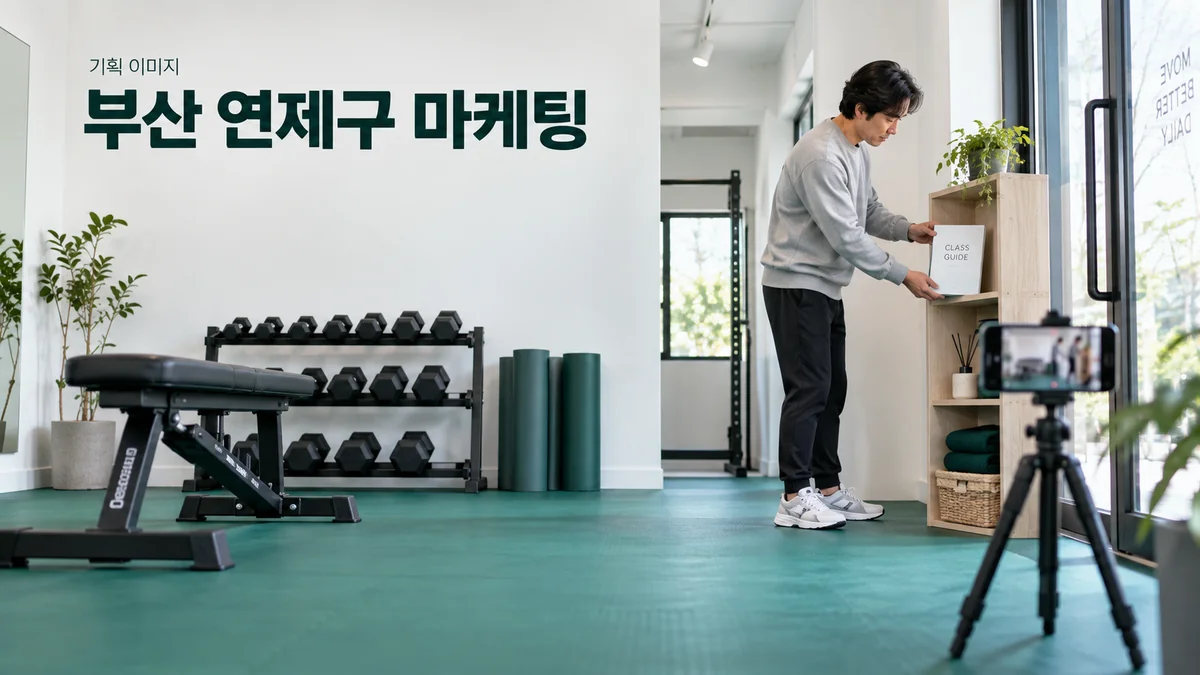 피트니스 시설의 빈 공간에서 운동 기구와 수업 안내 사진을 준비하는 기획 이미지