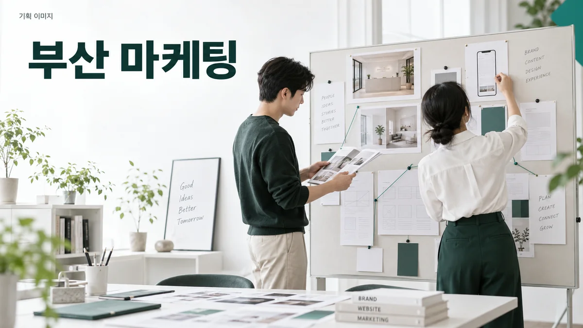 홈페이지 제작을 위해 사진과 페이지 구성 시안을 넓은 벽면에 배치하는 기획 이미지