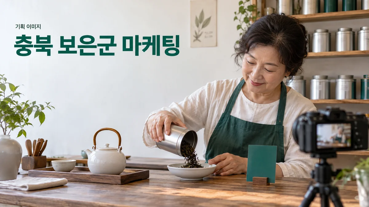 차 전문점에서 온라인 소개를 위한 찻잎과 다구 사진을 준비하는 기획 이미지